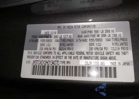 2017 Mazda Cx-9 Grand Touring from USA, damaged, VIN JM3TCADY2H0134070